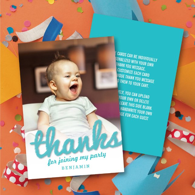 Big Sketch Thanks Bold Script Kid's Birthday Photo Thank You Card (Big Sketch Blue 'Thanks' Bold Script Kid's Birthday Photo Thank You Note Card @zazzle.com/fat_fa_tin)