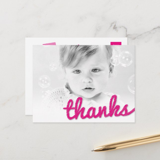 Big Sketch Thanks Girl's Birthday Photo Thank You Postcard (Front/Back In Situ)