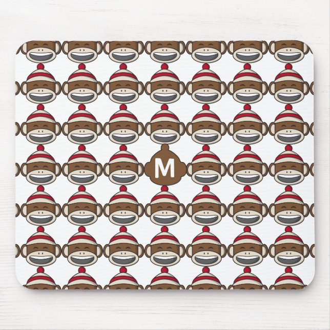 Big Smile Sock Monkey Emoji Monogrammed Mouse Mat (Front)