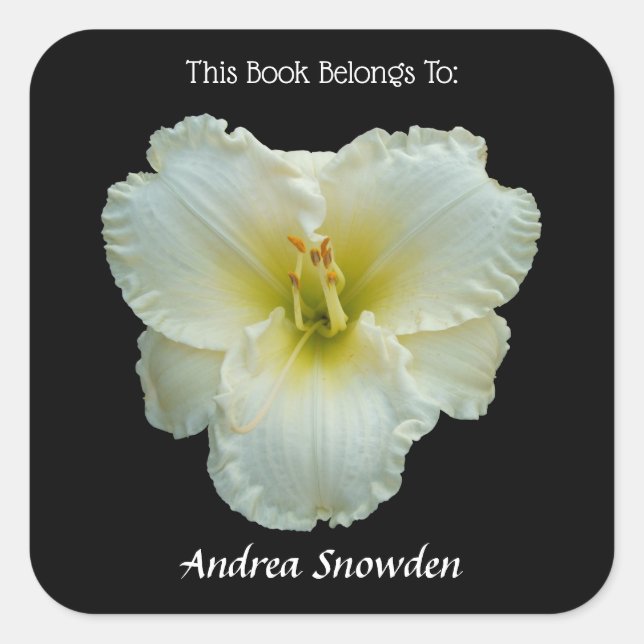 'Big Snowbird' White Daylily on Black Bookplate Square Sticker (Front)