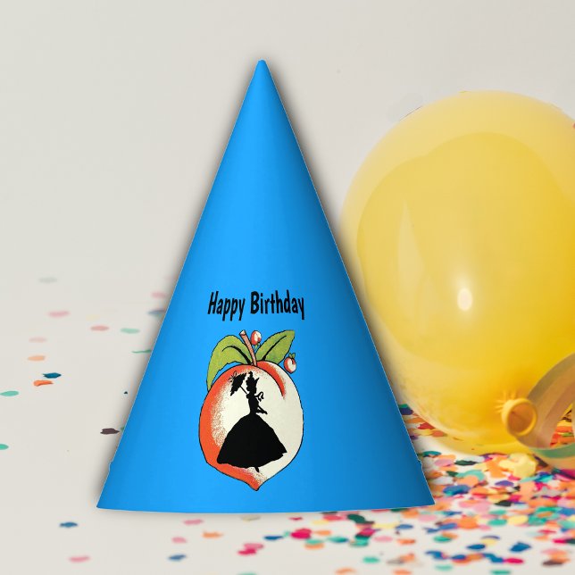 Big Southern Peach Silhouette Lady Hoop Skirt Blue Party Hat (Big Southern peach silhouette lady in hoop skirt with parasol on blue paper Birthday party hat.)