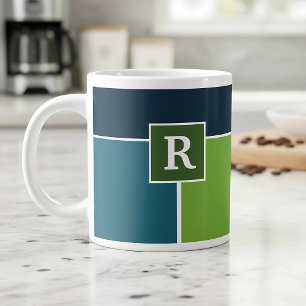 Big Stripes in blue and green with Monogram Large Coffee Mug