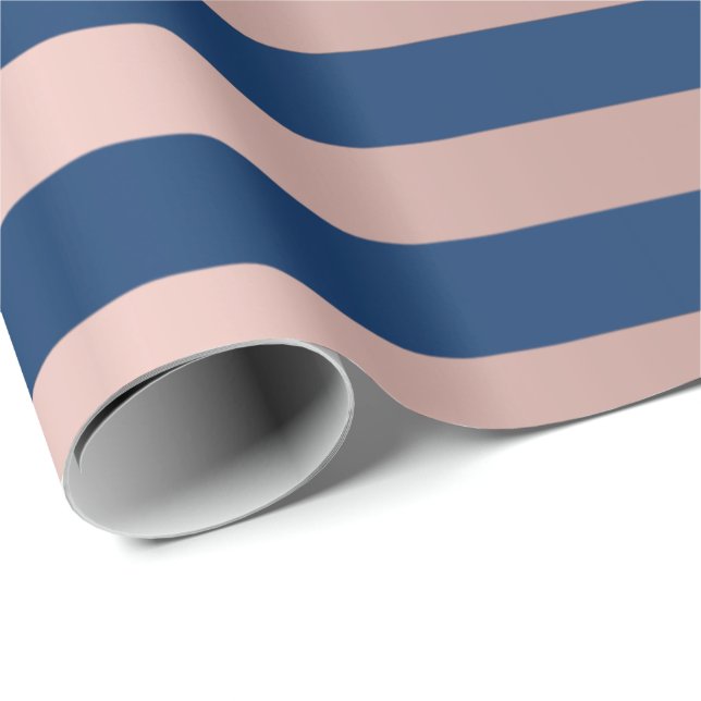 Big Stripes Lines Blue Navy Pink Rose Gold Wrapping Paper (Roll Corner)
