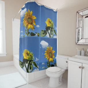 big sunflower shines yellow blue sky white little shower curtain