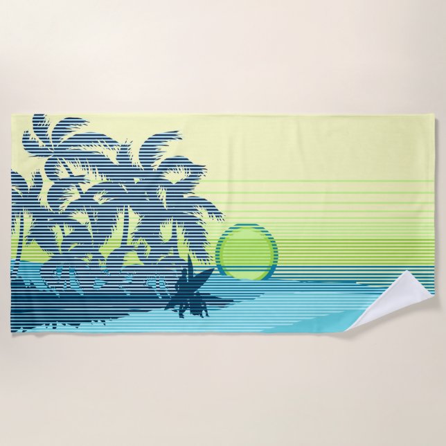 Big Sunset Stripe Hawaiian Surfers - Teal Beach Towel (Front)
