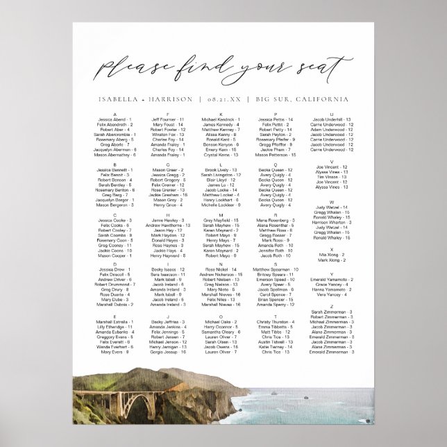 BIG SUR CALIFORNIA Skyline Wedding Seating Chart (Front)
