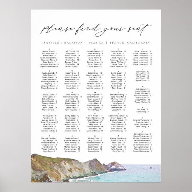 BIG SUR CALIFORNIA Skyline Wedding Seating Chart (Front)