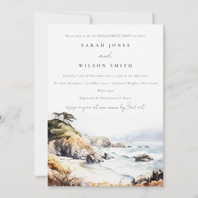Big Sur California Watercolor Landscape Engagement Invitation (Front)