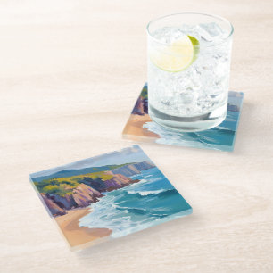 Big Sur, California Watercolor Ocean Painting Glass Coaster