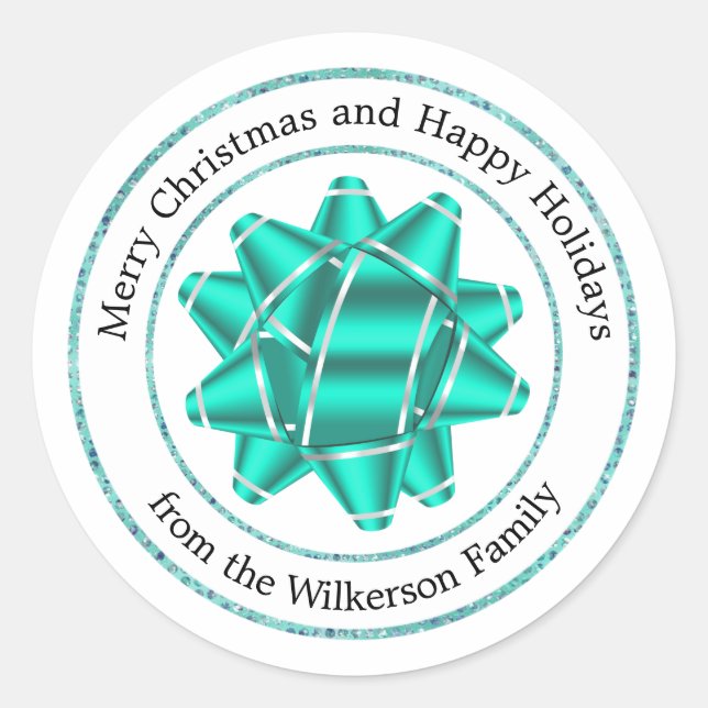Big Teal Gift Bow Glitter Classic Round Sticker (Front)