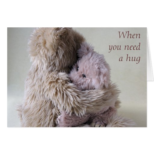 Image of big teddy bear holds little bear card hug