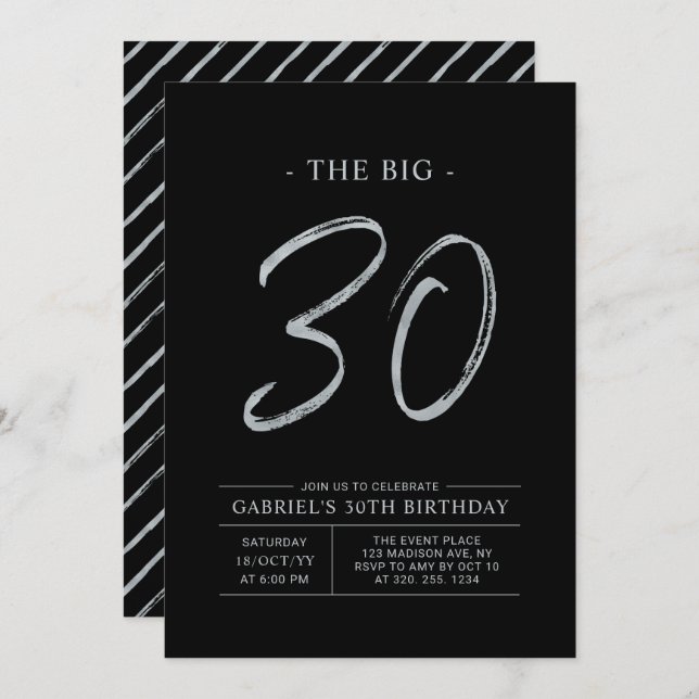 Big Thirty | Silver & Black 30th Birthday Party Invitation (Front/Back)