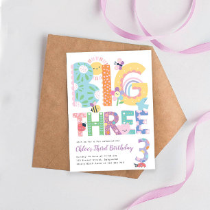 Big Three Girls Birthday, Third Birthday Invitation