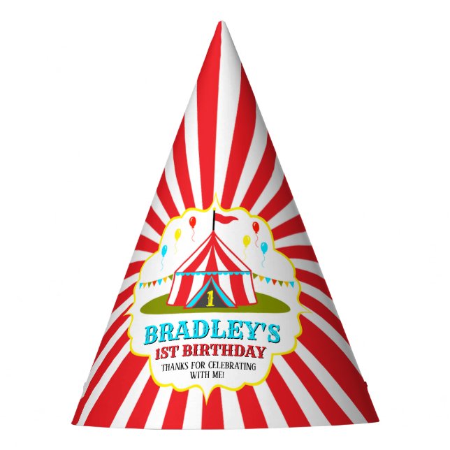 Big Top Circus Carnival 1st Birthday Party Hat (Front)