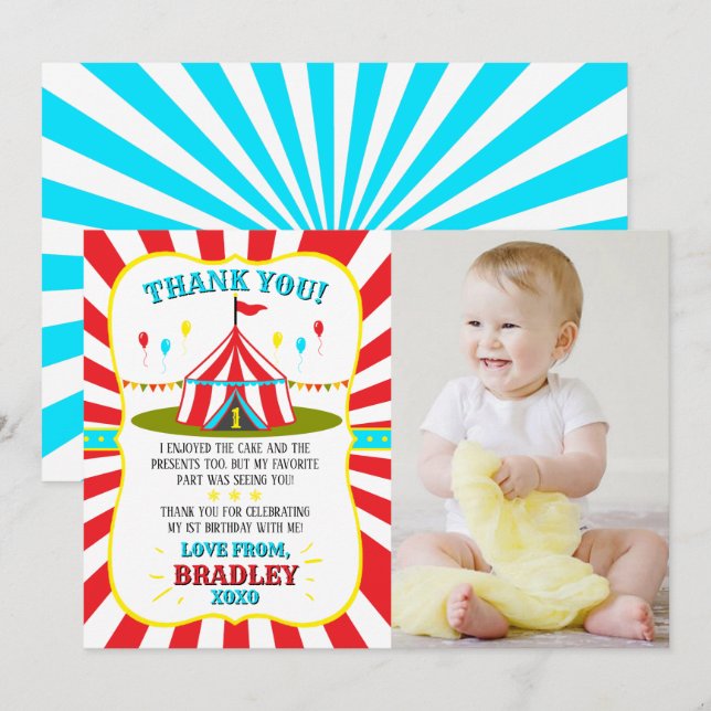 Big Top Circus Carnival 1st Birthday Photo Thank You Card (Front/Back)