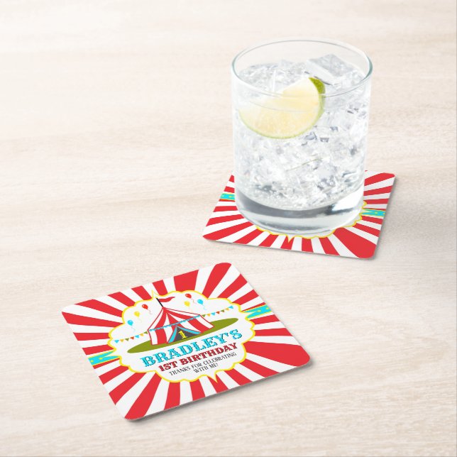 Big Top Circus Carnival 1st Birthday Square Paper Coaster (Insitu)