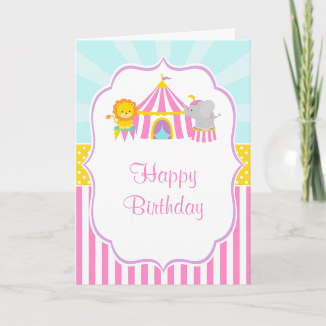 Big Top Circus Carnival Birthday in Pink Birthday Card (Front)