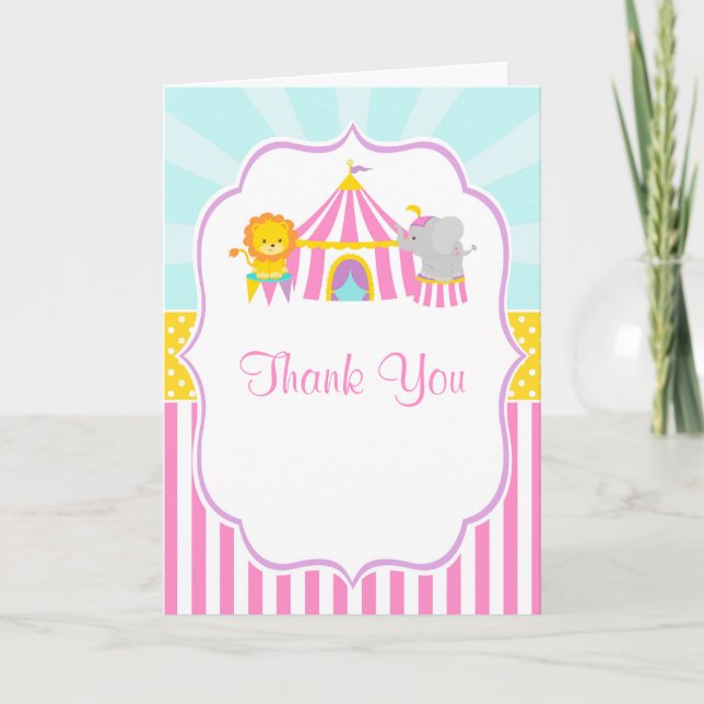 Big Top Circus Carnival Birthday in Pink Thank You Card (Front)