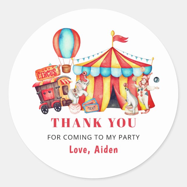 Big Top Circus Carnival Birthday Thank You Classic Round Sticker (Front)