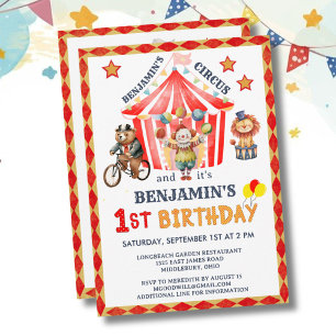 Big Top Circus Carnival Boy 1st Birthday  Invitation