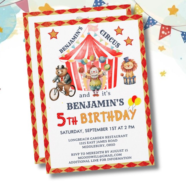 Big Top Circus Carnival Boy 5th Birthday  Invitation (Creator Uploaded)