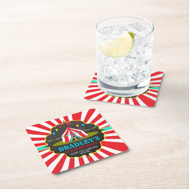 Big Top Circus Carnival Chalkboard 1st Square Paper Coaster (Insitu)