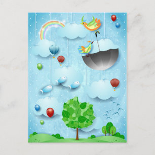 Big tree and flying birds postcard