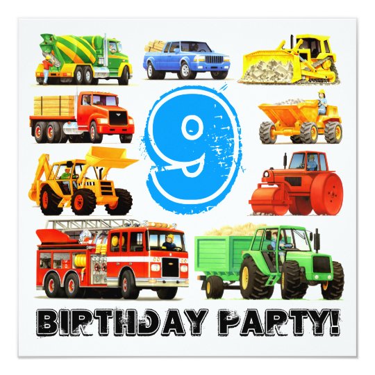 Big Trucks 9th Birthday Party Card