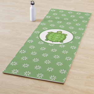Big Turtle and White Flowers on Lime Green Yoga Mat