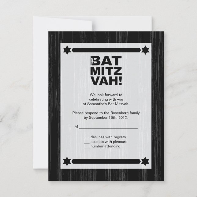 Big Type Bat Mitzvah Reply Card in Black (Front)