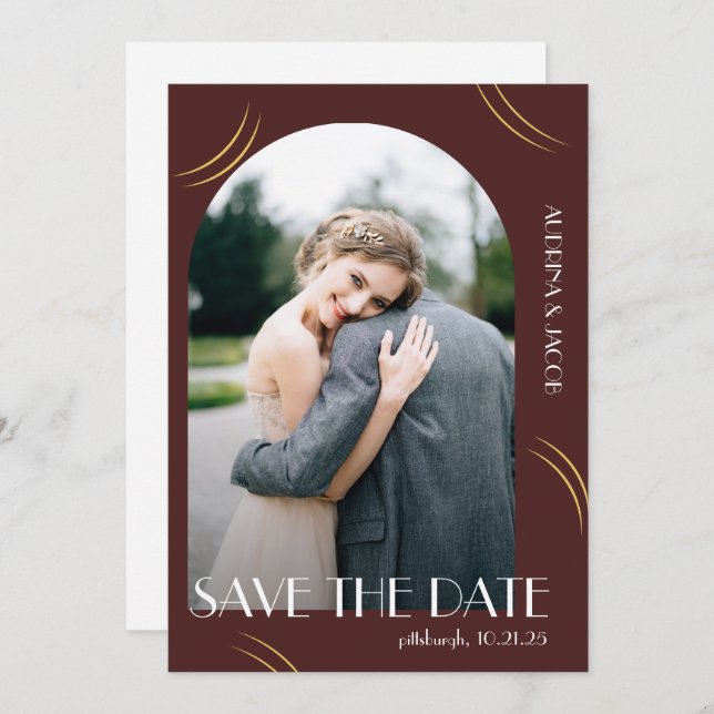 Big Typography Burgundy Photo Wedding Save The Date (Front/Back)