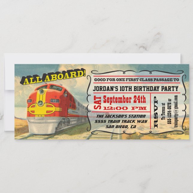 BIG Vintage Train Ticket Birthday Party Invitation (Front)