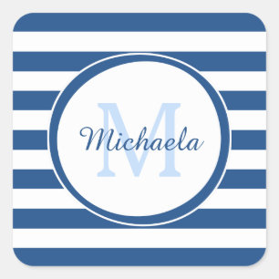 Big Vivid Blue Stripes With Cool Monogrammed Name Square Sticker