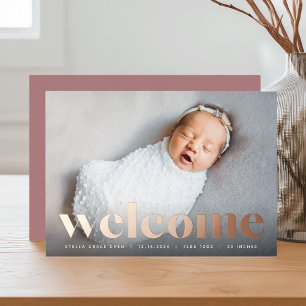 Big Welcome Rose Gold Foil Birth Announcement