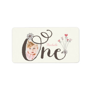 Big Whimsical One Baby Girl 1st Birthday Photo Label