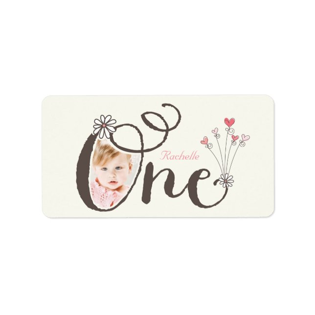 Big Whimsical One Baby Girl 1st Birthday Photo Label (Front)