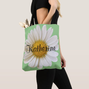 Big White Daisy Flower Personalised Name Tote Bag
