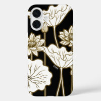 Big White Flowers on Black with Khaki Trim