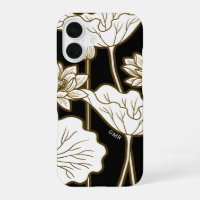 Big White Flowers on Black with Khaki Trim
