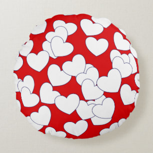 Big White Hearts On Striking Red  Round Cushion