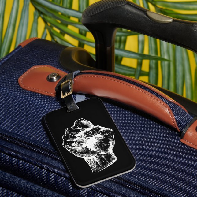 Big White Linocut-style Fist Illustration Luggage Tag (Front Insitu 1)