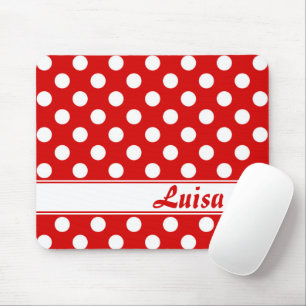 Big White Polka Dots On Red Custom Name Template Mouse Mat