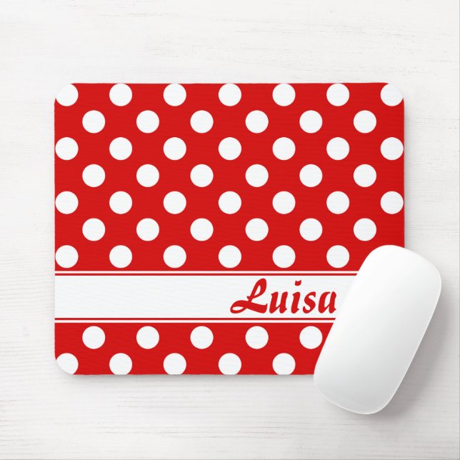 Big White Polka Dots On Red Custom Name Template Mouse Mat (With Mouse)