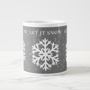 Big White Snowflake, LET IT SNOW Grey & White  Large Coffee Mug