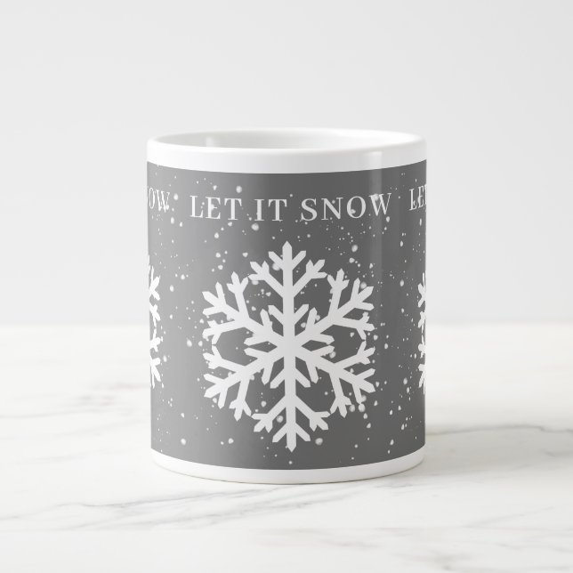 Big White Snowflake, LET IT SNOW Grey & White  Large Coffee Mug (Front)