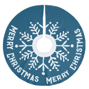 Big White Snowflake, Merry Christmas White on Blue Brushed Polyester Tree Skirt