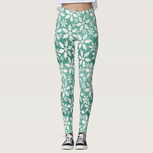 Big White Snowflakes Falling Green Background Leggings (Front)