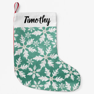 Big White Snowflakes Falling Green Background Small Christmas Stocking