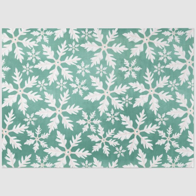 Big White Snowflakes Falling Green Background Tissue Paper (Front)