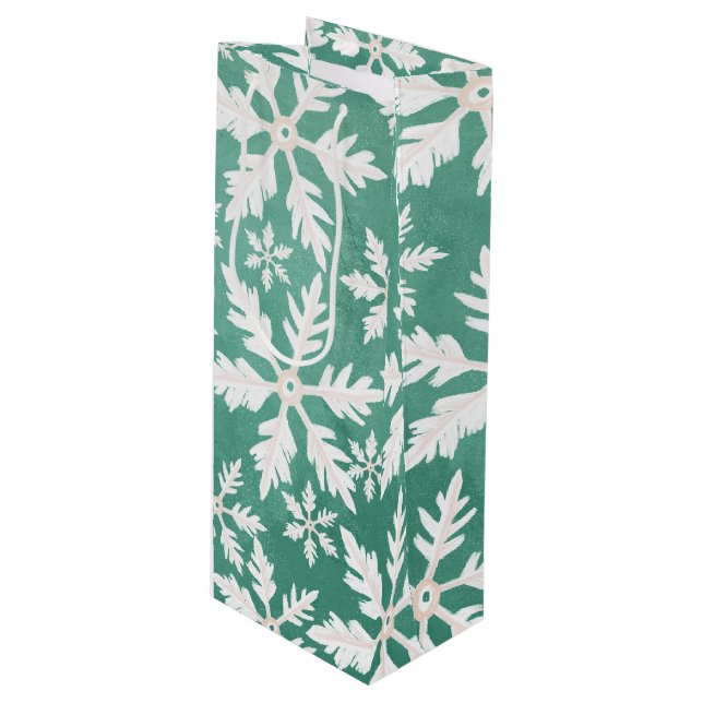 Big White Snowflakes Falling Green Background Wine Gift Bag (Front Angled)